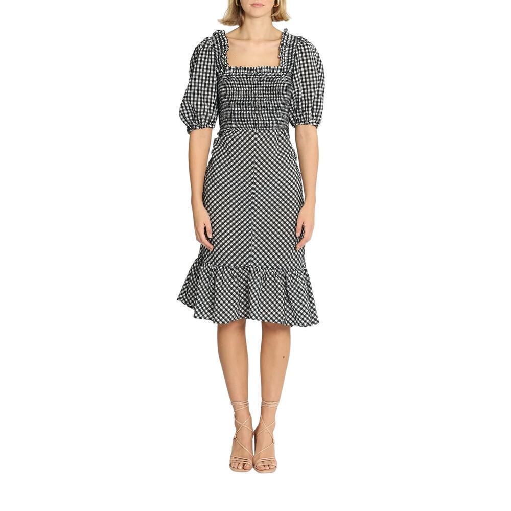 Ganni Gingham Check Seersucker Square Neck Puff Sleeve Dress Black White 12/44